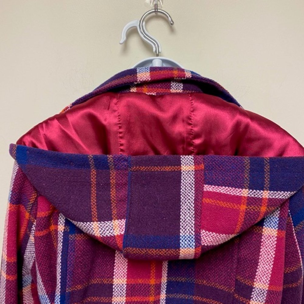 DEB Vintage 80's Trench Style Pea Coat Wool Blend Plaid Hood, size Small - Picture 9 of 15